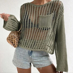 Hollow Out Pocket Patched Drop Shoulder Cover Up